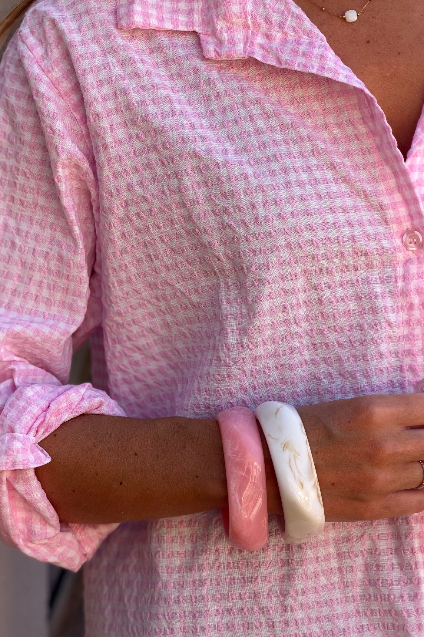 Light Pink Gingham Crinkle Gauze Blouse