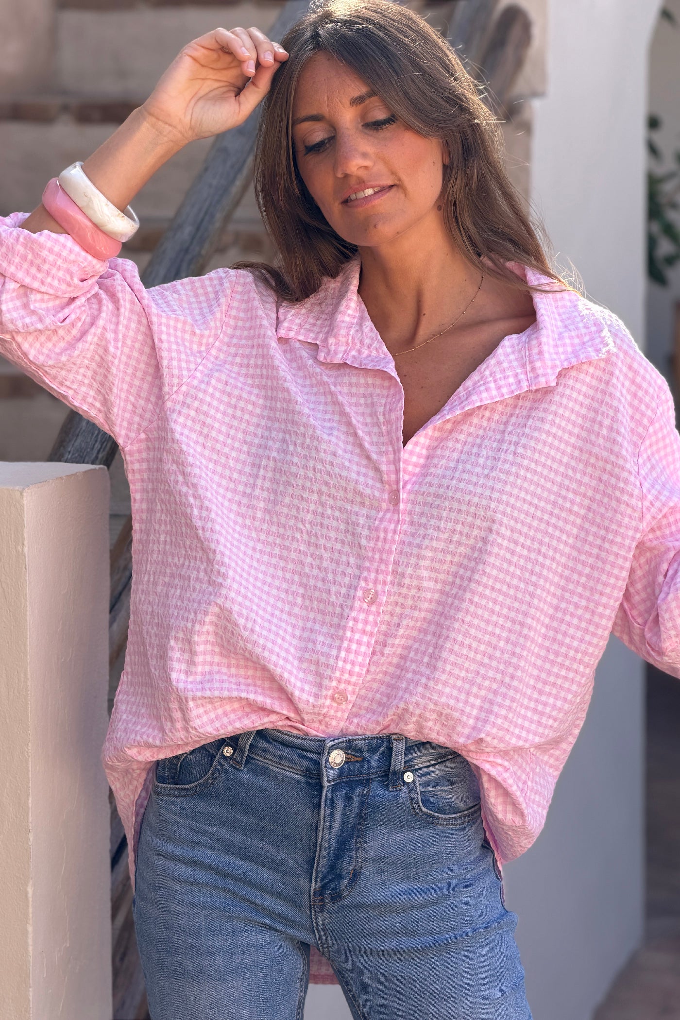 Light Pink Gingham Crinkle Gauze Blouse