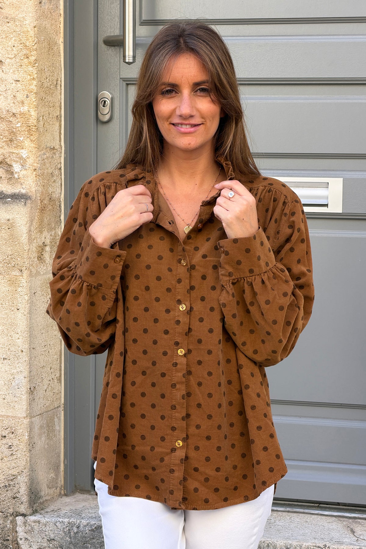 Camel Ruffled Collar Polka Dot Button-Down Blouse