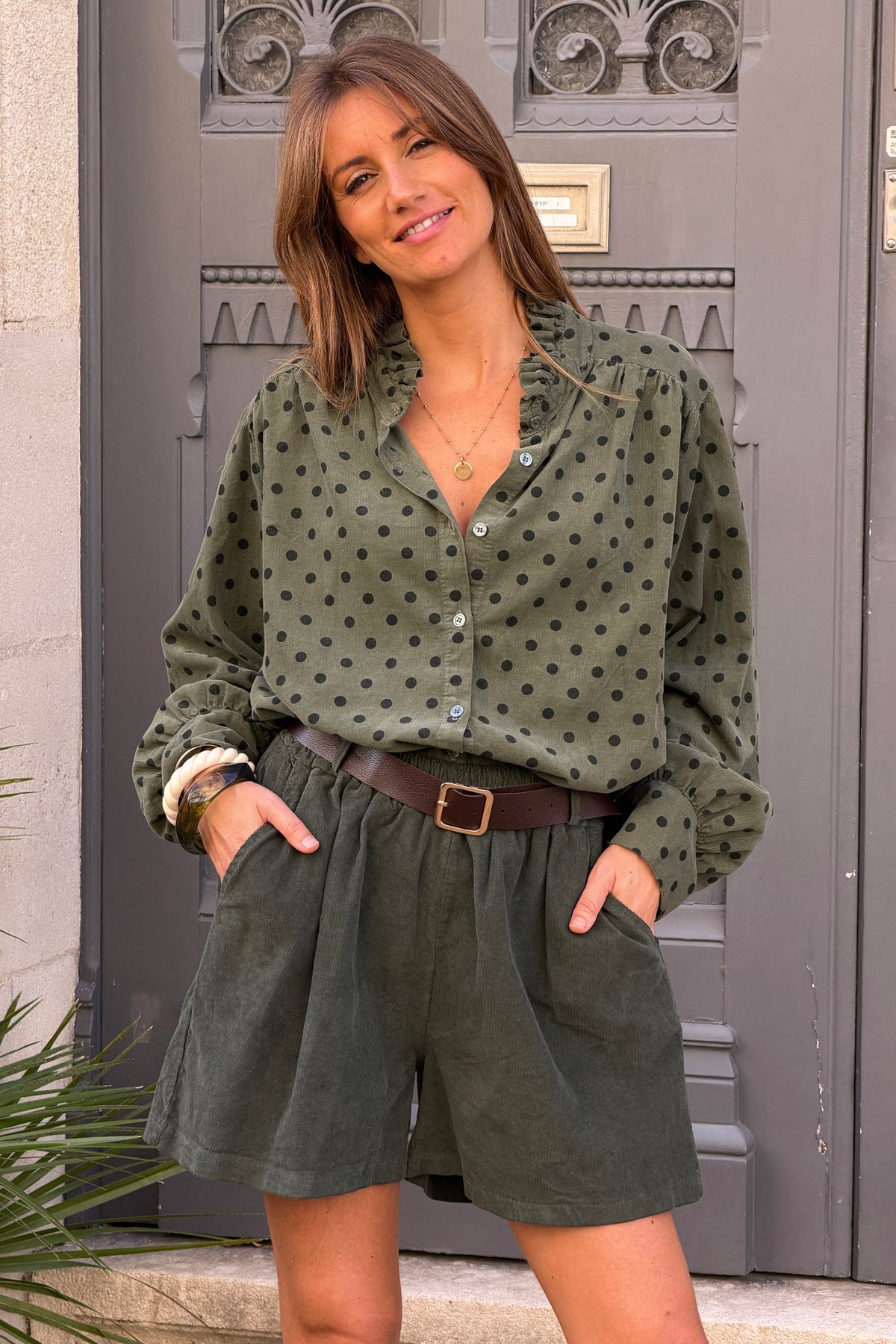 Olive Ruffled Collar Polka Dot Button-Down Blouse