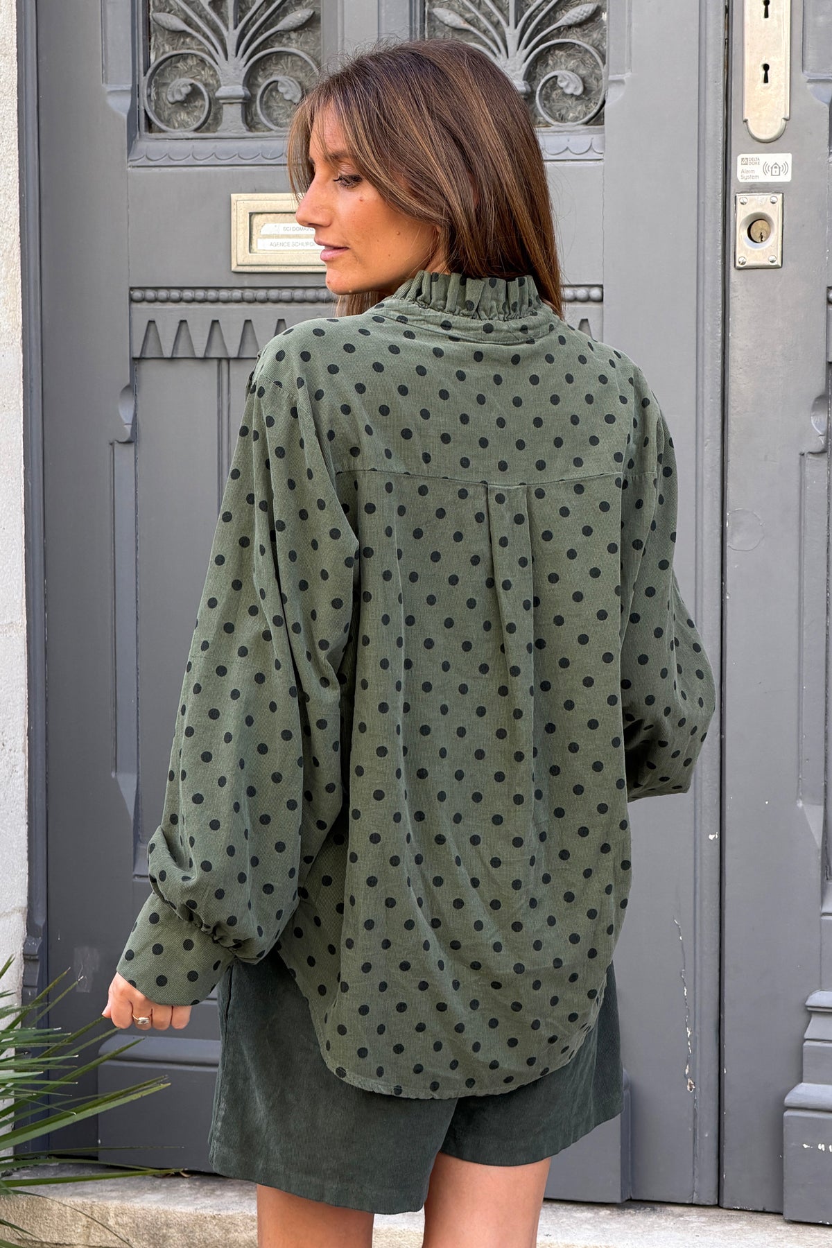 Olive Ruffled Collar Polka Dot Button-Down Blouse