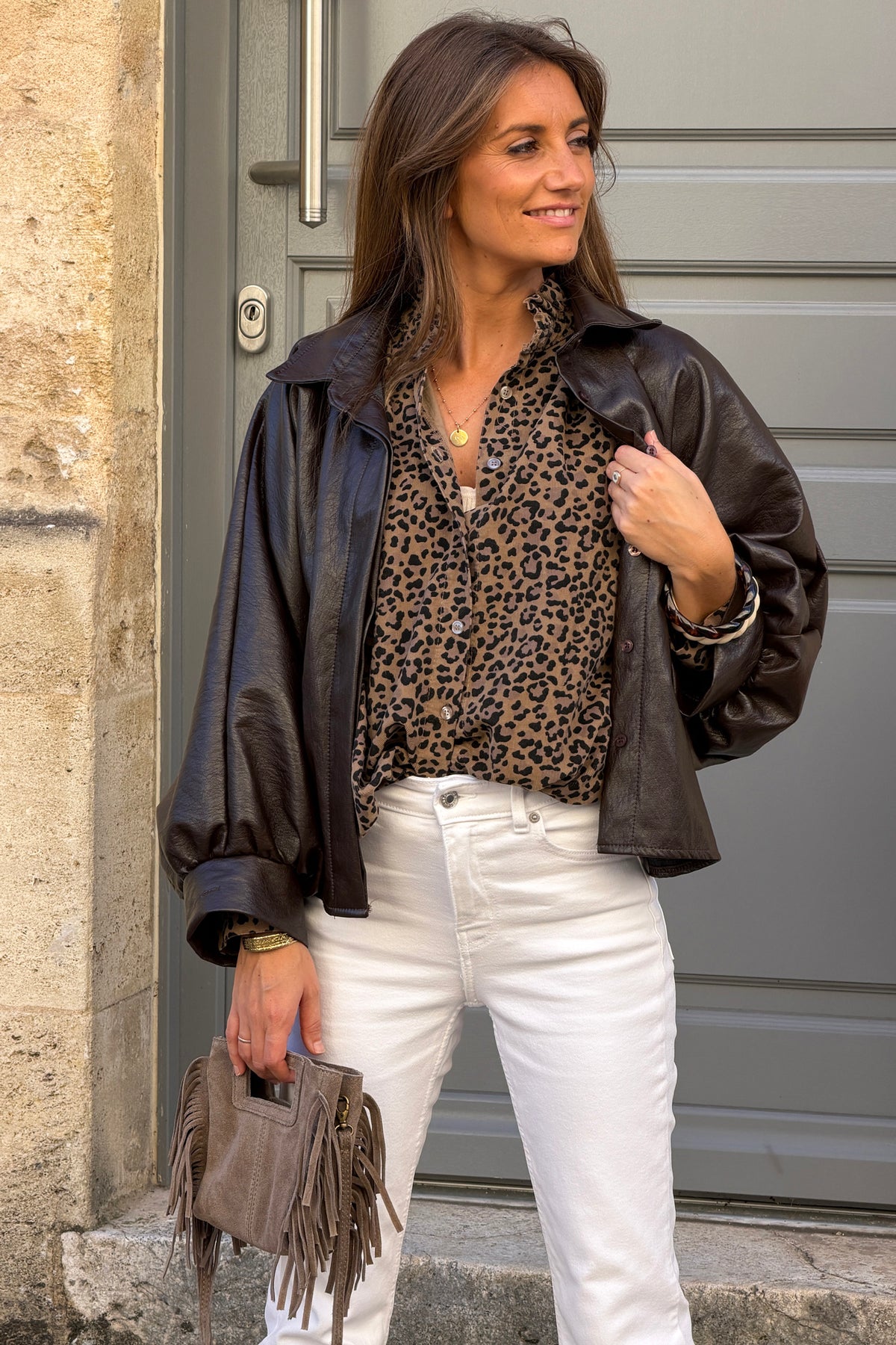 Taupe Ruffled Collar Leopard Print Button-Down Blouse