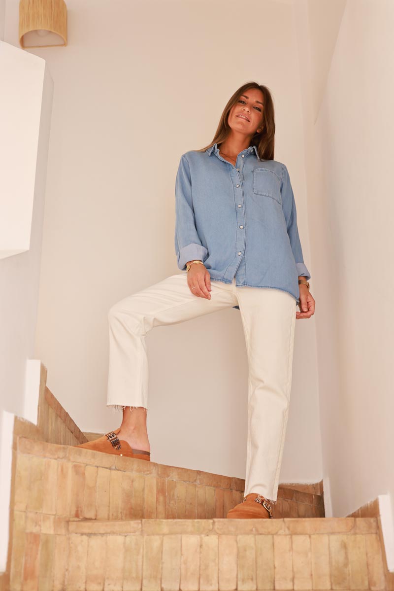 Camisa fluida de lyocell con efecto denim y botones de perla