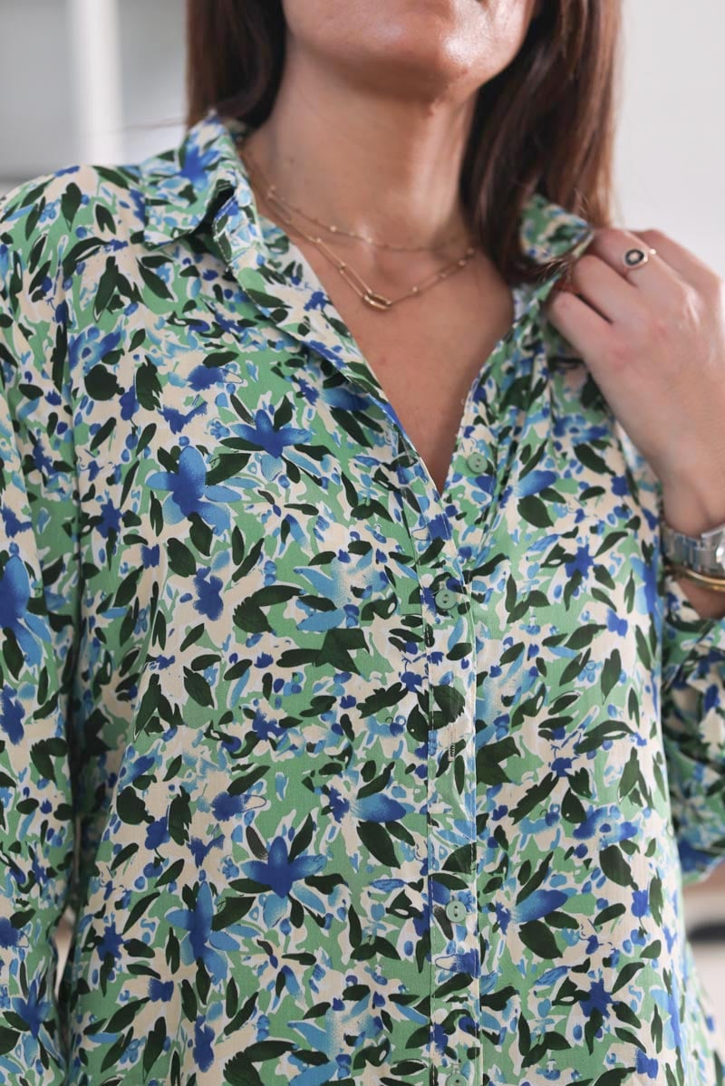 Chemise fluide imprime fleurs aquarelle vert g009 (1)