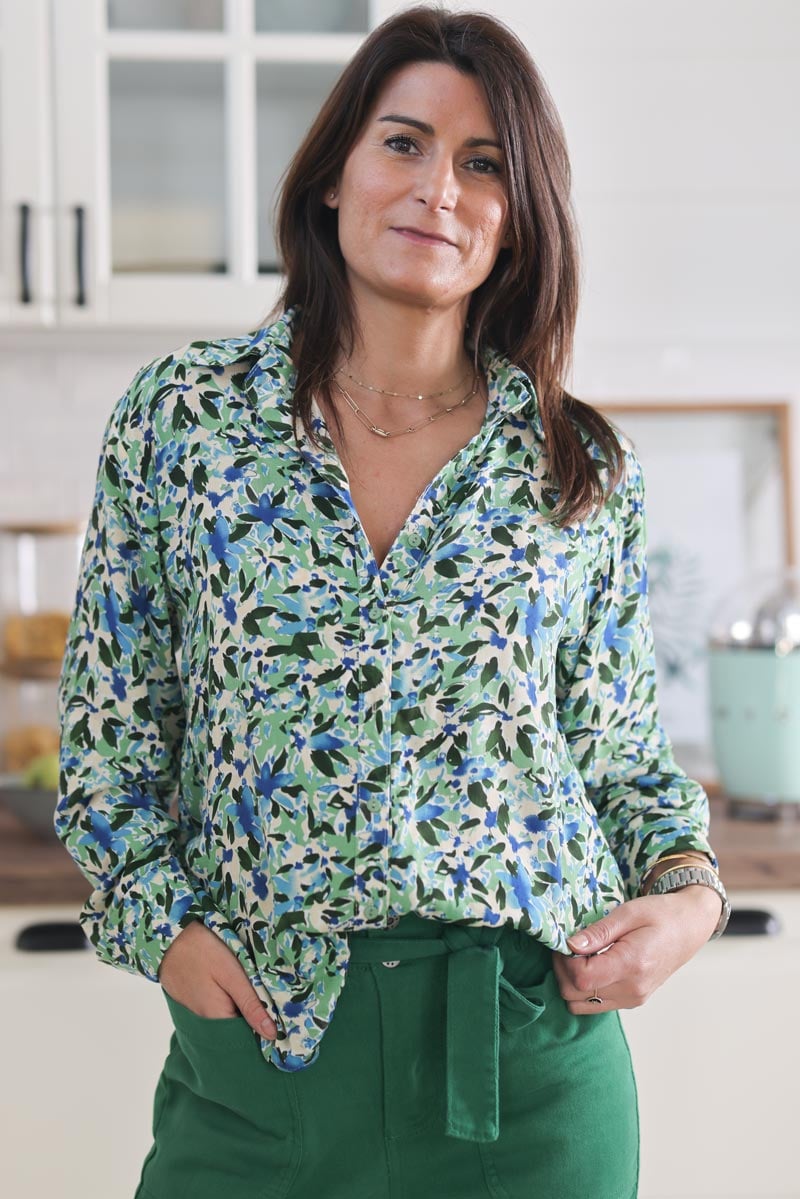 Chemise fluide imprime fleurs aquarelle vert g009 (1)