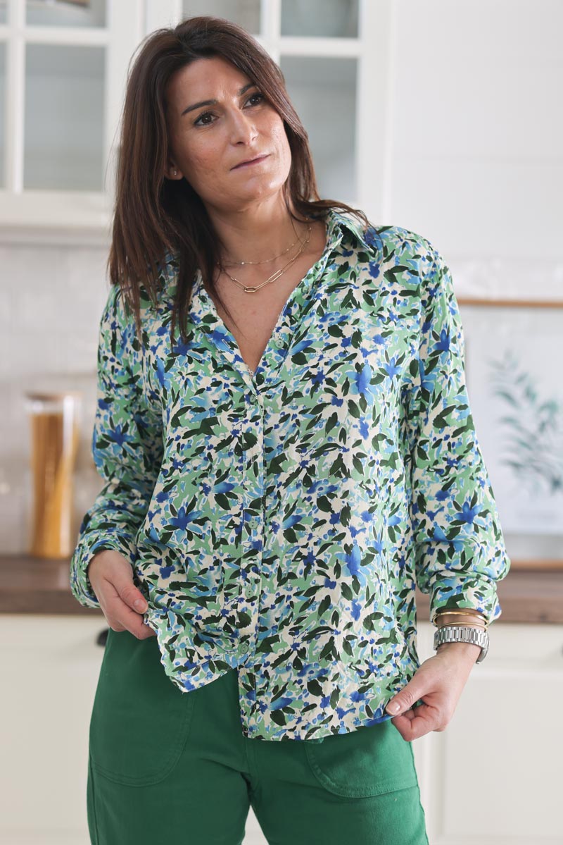 Chemise fluide imprime fleurs aquarelle vert g009 (1)