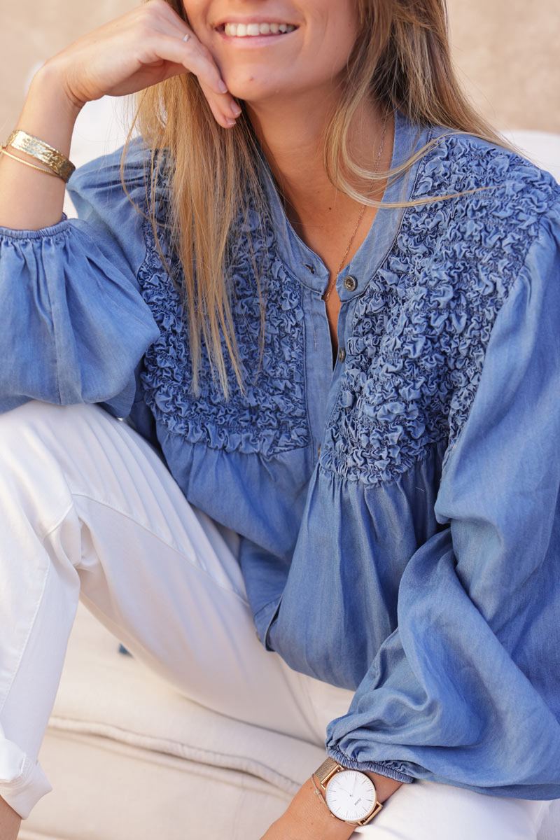 Camisa fluida de suave tencel efecto denim con cuello fruncido