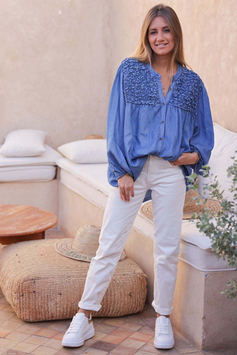 Camisa fluida de suave tencel efecto denim con cuello fruncido