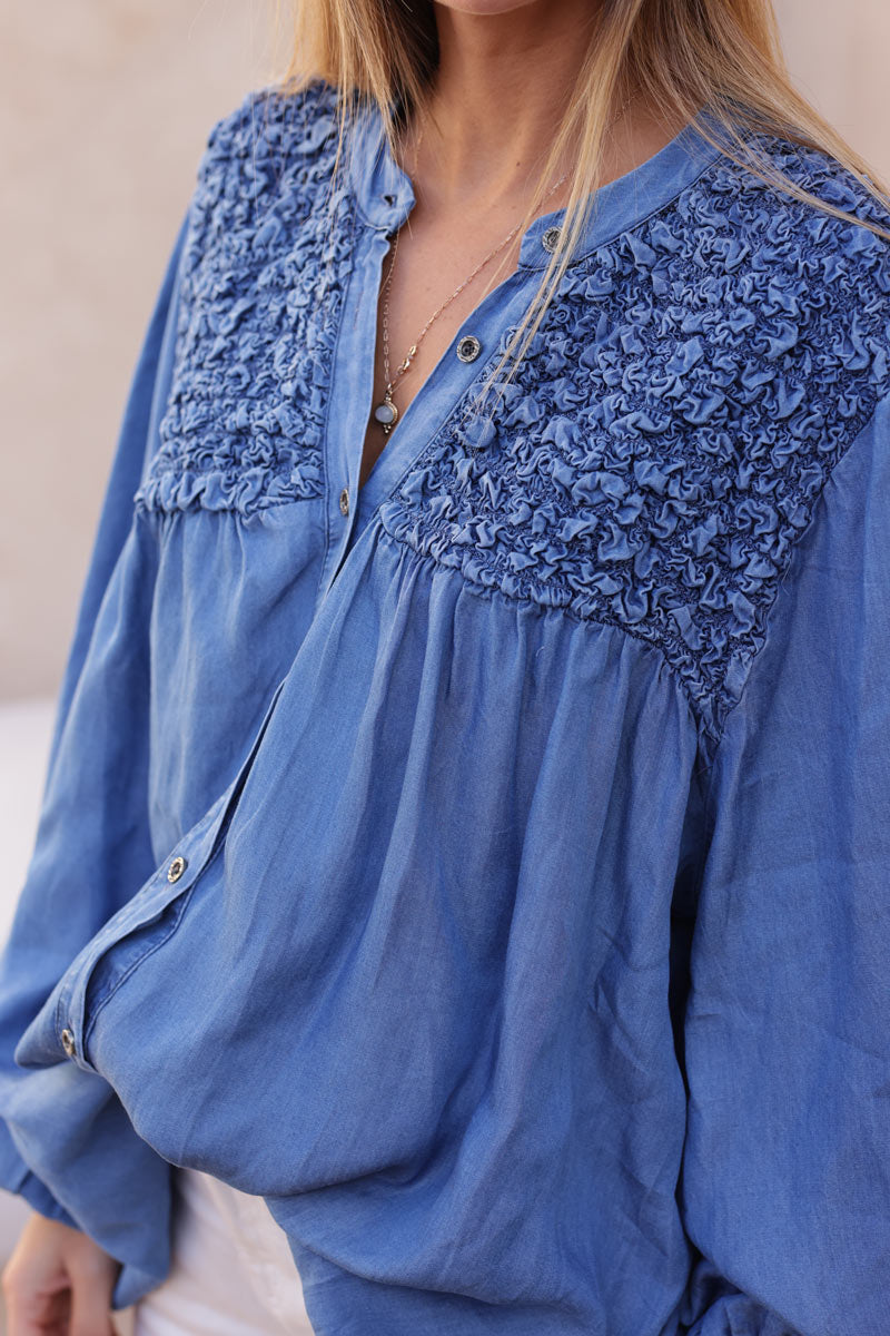 Camisa fluida de suave tencel efecto denim con cuello fruncido