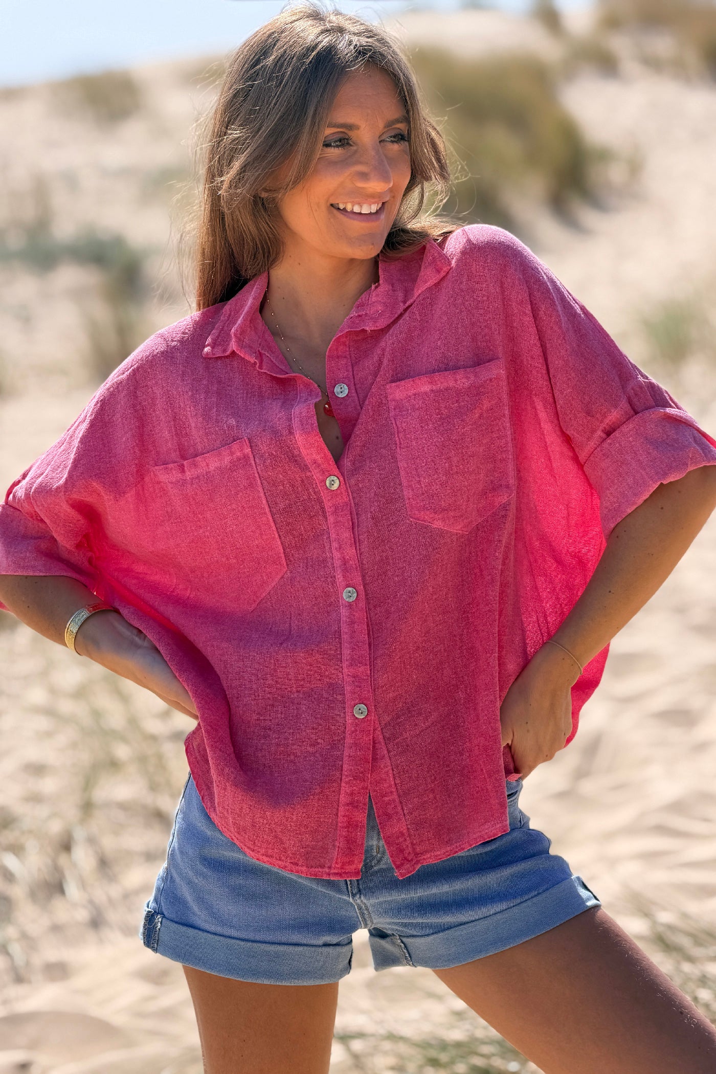 Raspberry Soft Cotton Blouse with 3/4 sleeves and large Pockets