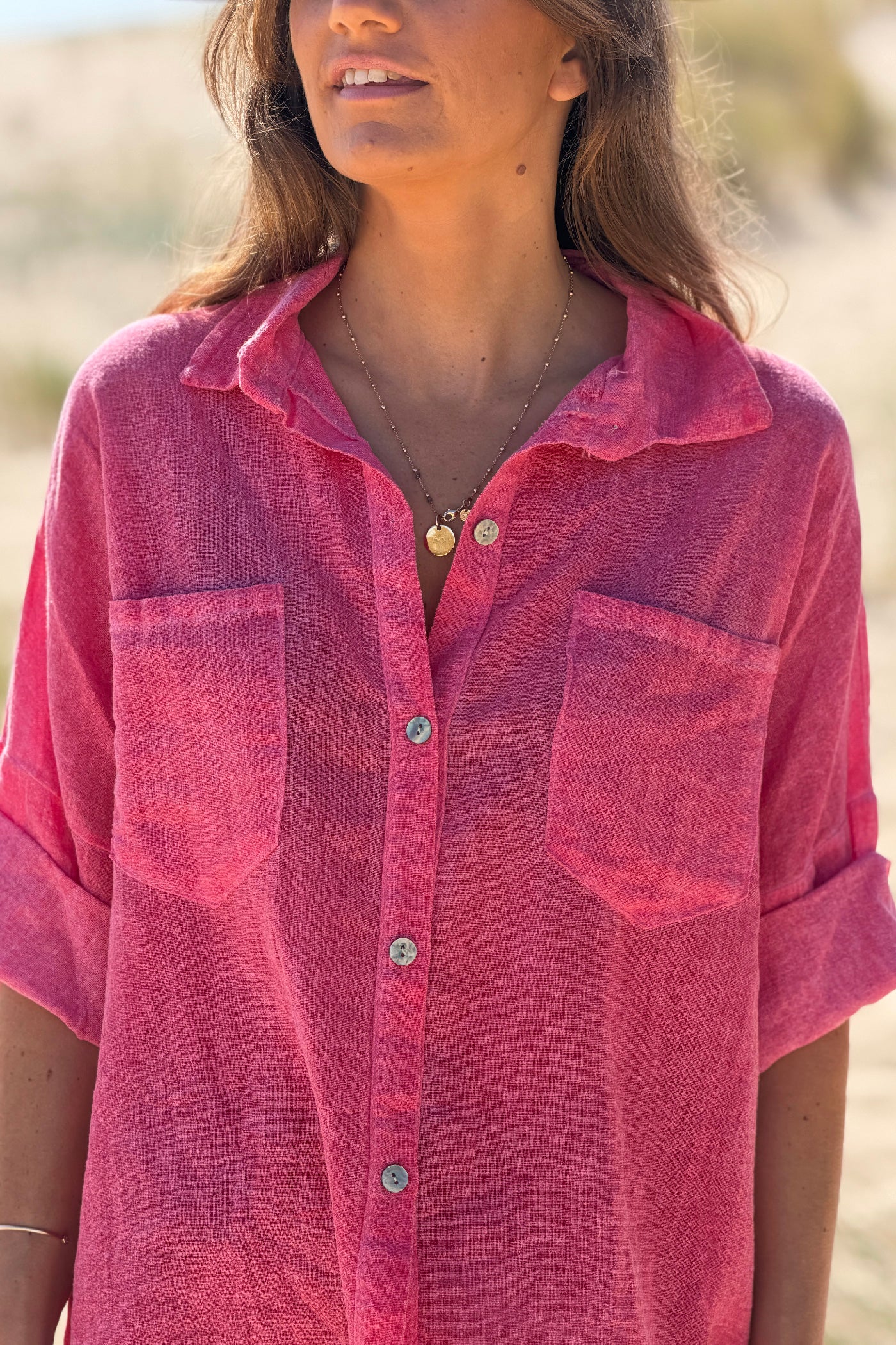 Raspberry Soft Cotton Blouse with 3/4 sleeves and large Pockets