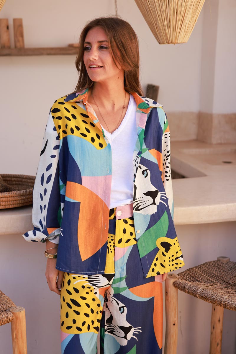 Cheetah Jungle Multi Button-Down Blouse