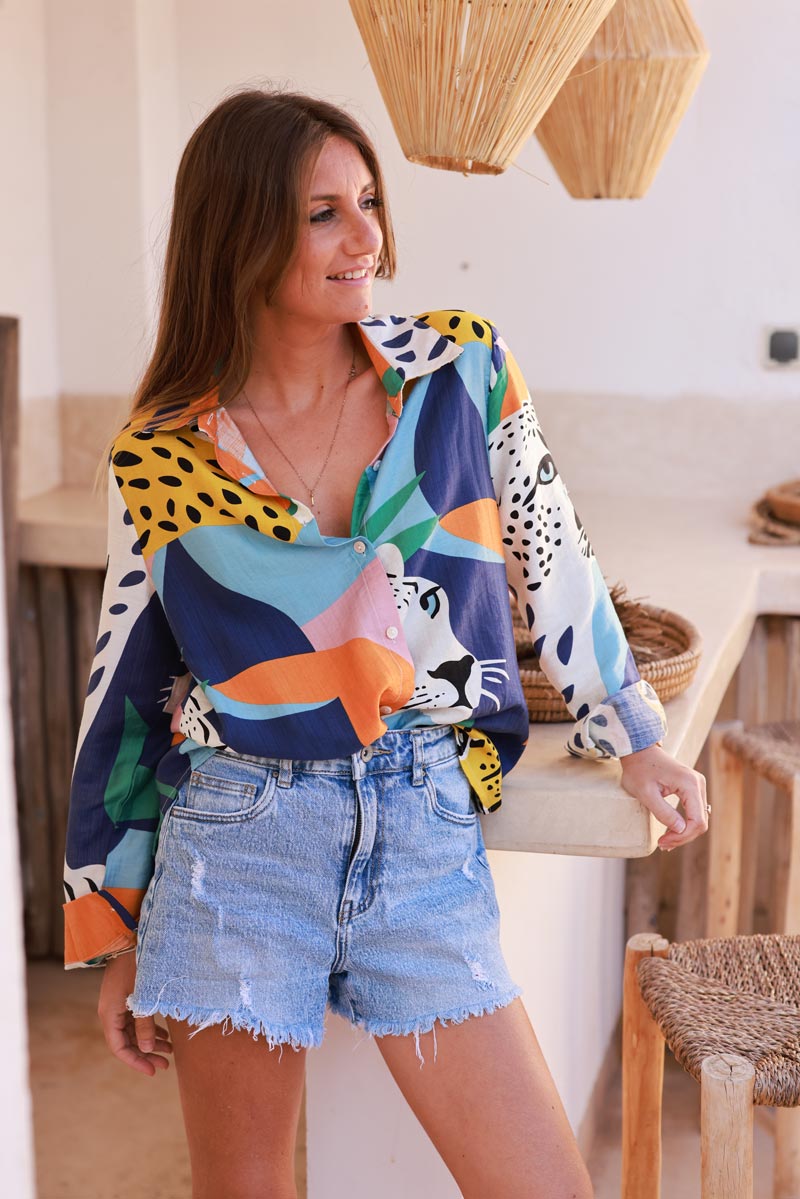 Cheetah Jungle Multi Button-Down Blouse