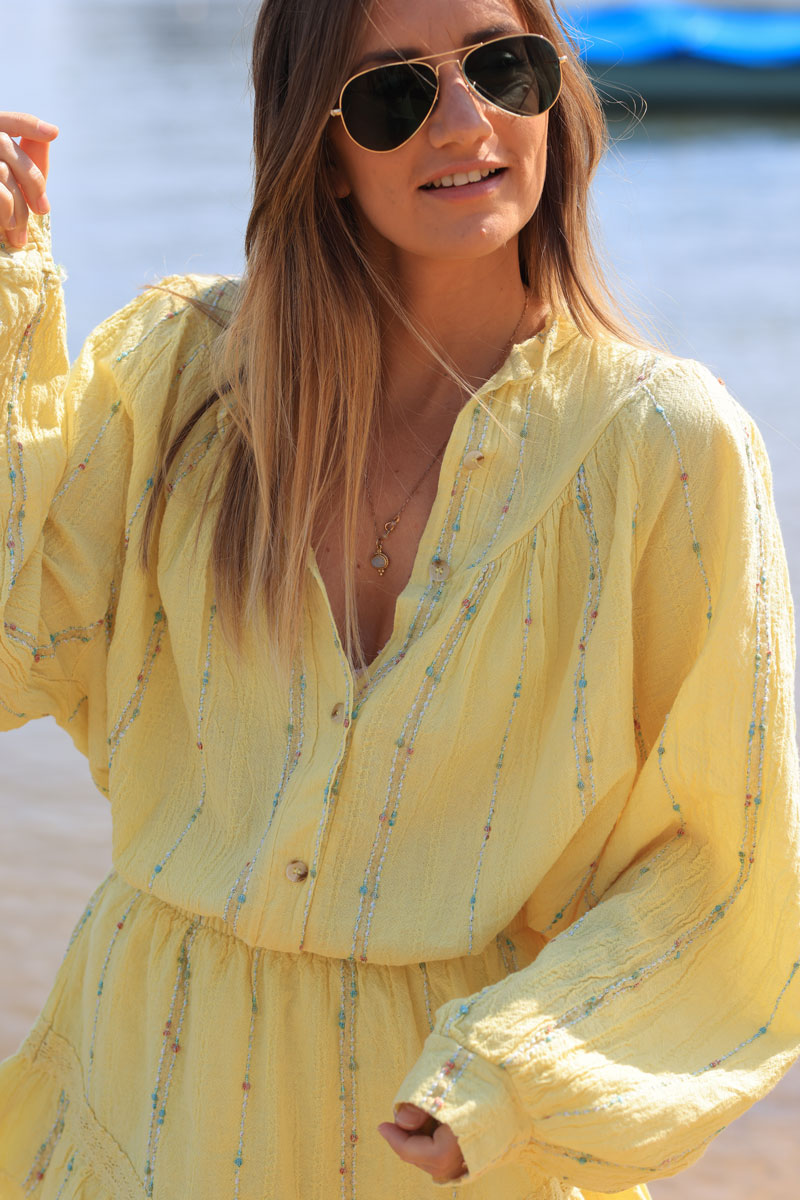 Chemise jaune en coton effet piqué rayures fils gold et multicolores