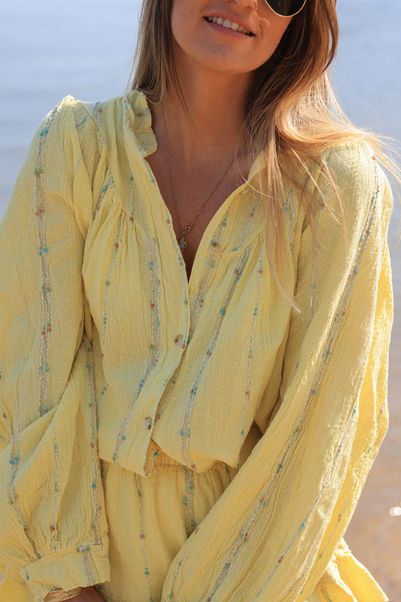 Chemise jaune en coton effet piqué rayures fils gold et multicolores
