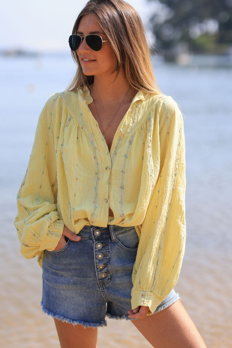 Chemise jaune en coton effet piqué rayures fils gold et multicolores