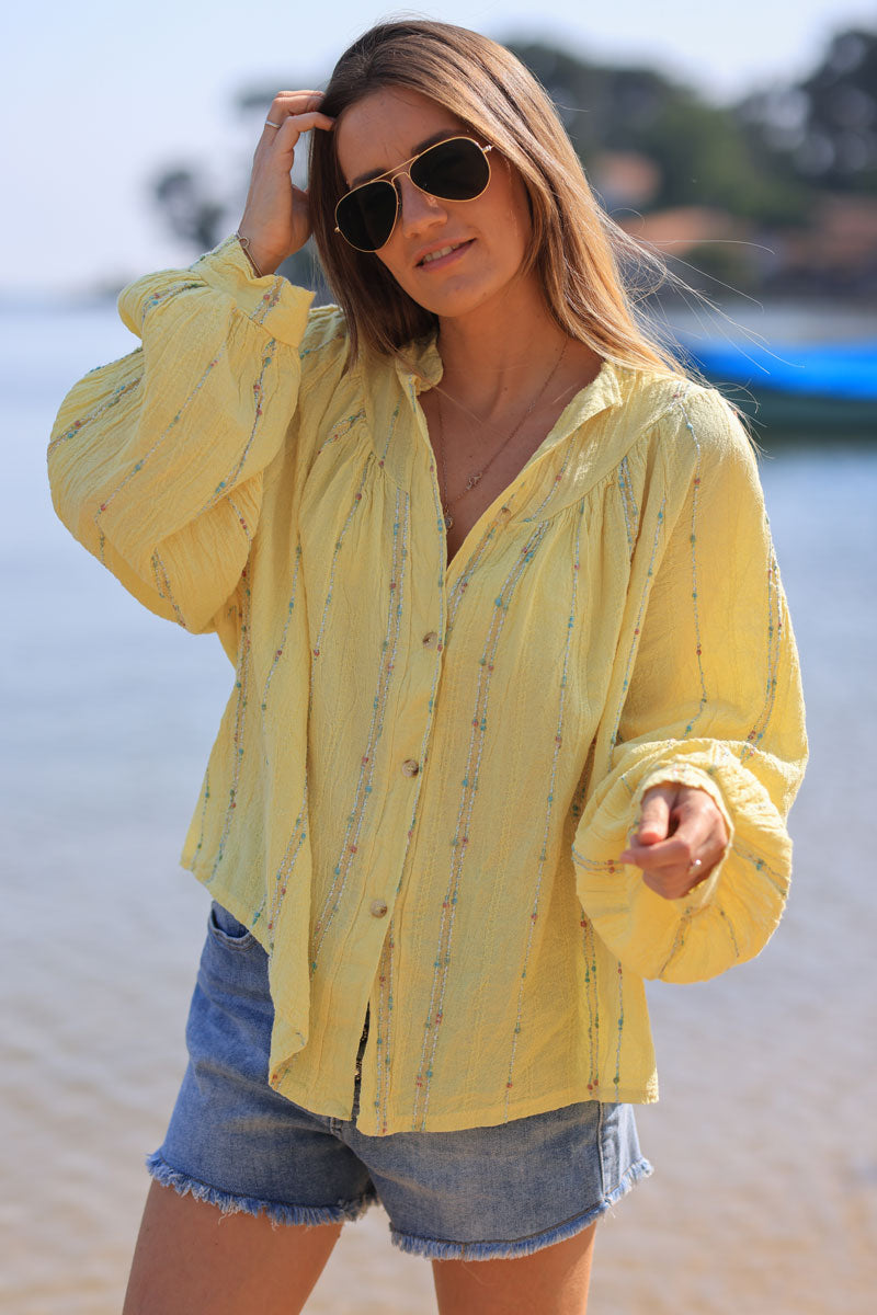 Chemise jaune en coton effet piqué rayures fils gold et multicolores