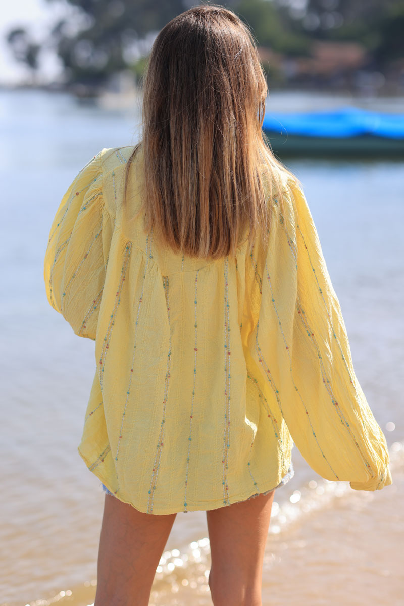 Chemise jaune en coton effet piqué rayures fils gold et multicolores