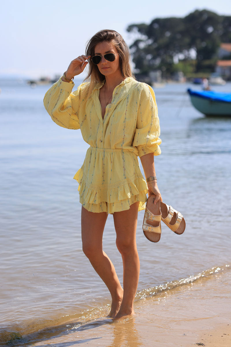 Chemise jaune en coton effet piqué rayures fils gold et multicolores