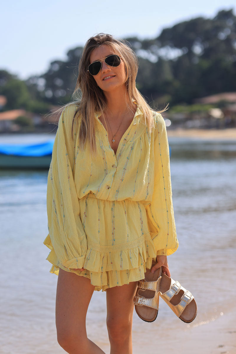 Chemise jaune en coton effet piqué rayures fils gold et multicolores