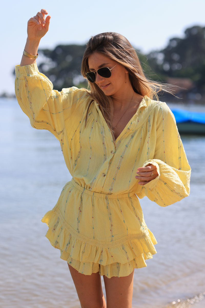 Chemise jaune en coton effet piqué rayures fils gold et multicolores