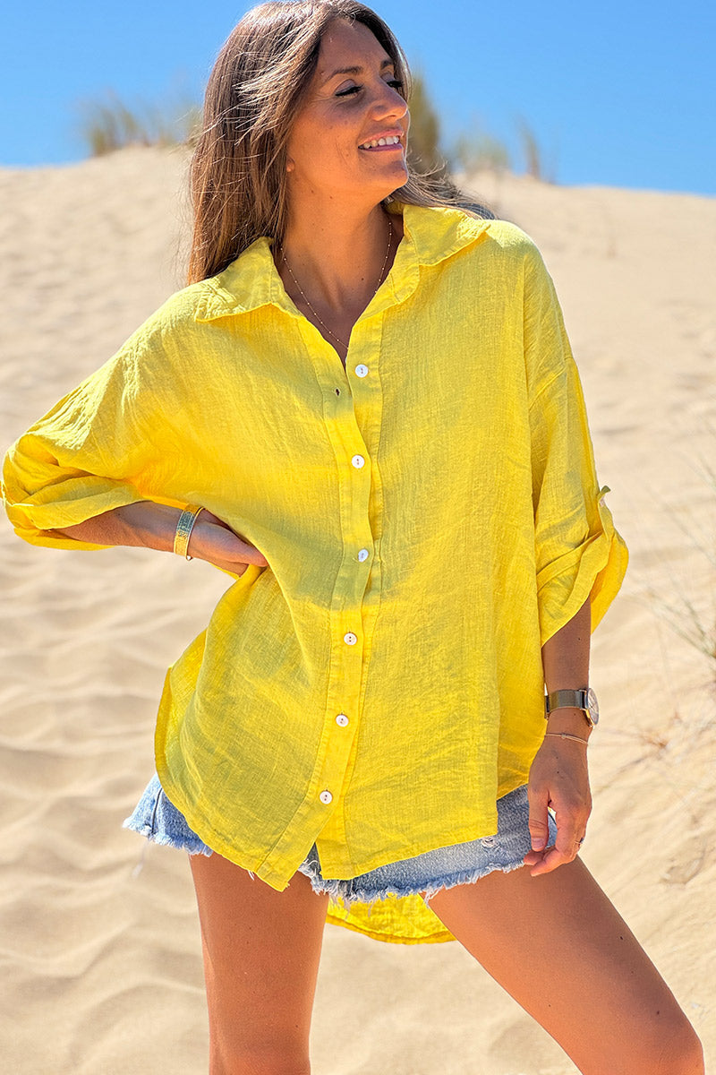 Chemise jaune en lin boutons nacres