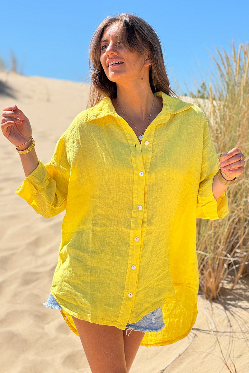 Chemise jaune en lin boutons nacres
