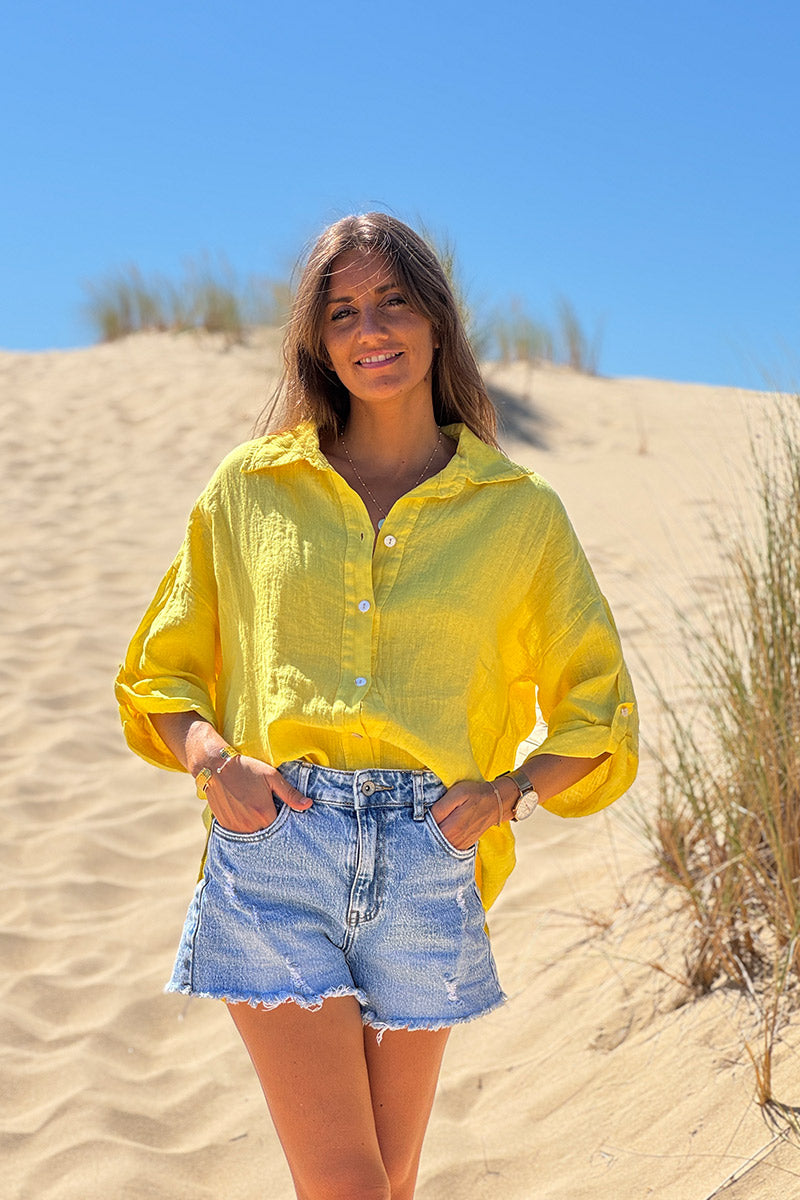 Chemise jaune en lin boutons nacres