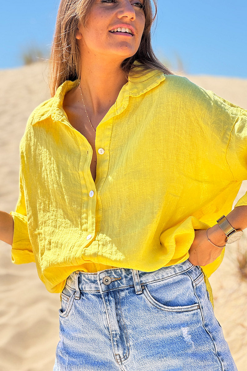 Chemise jaune en lin boutons nacres