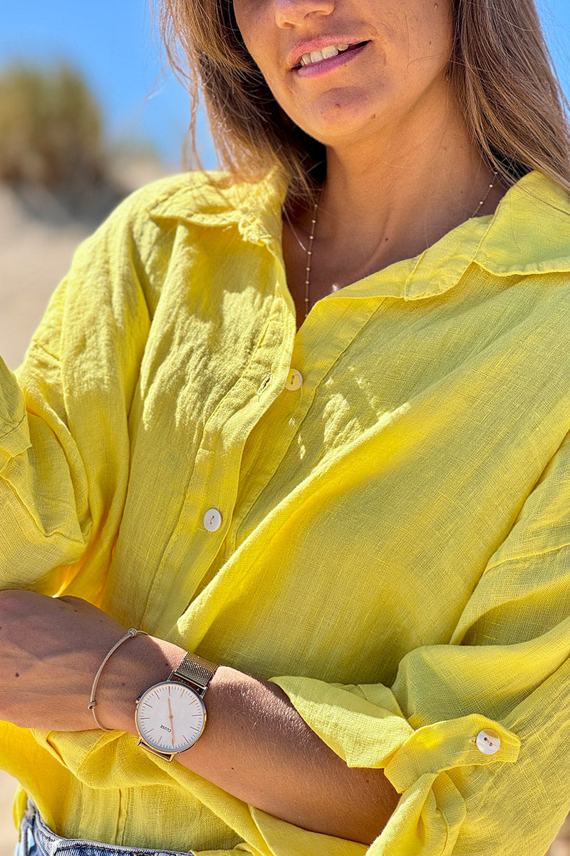 Chemise jaune en lin boutons nacres