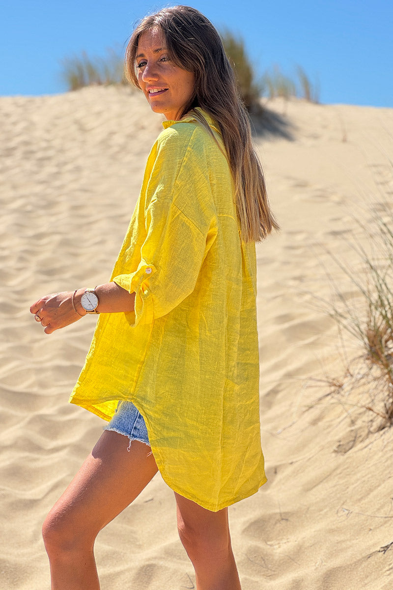 Chemise jaune en lin boutons nacres