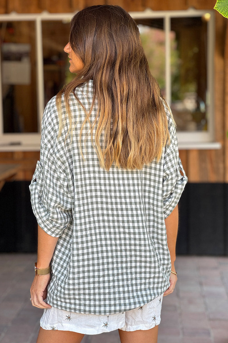 Chemise kaki large manches 3/4 imprimé vichy