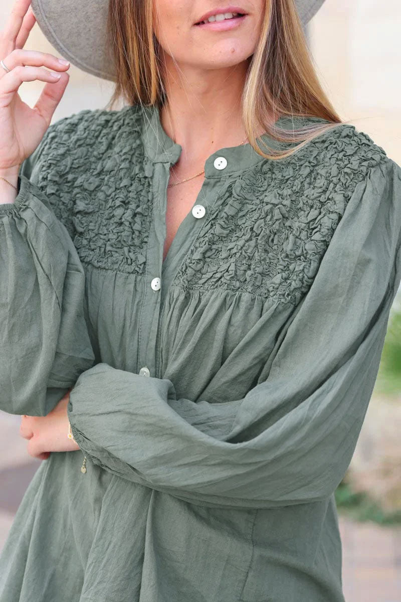 Collared 'Violet' Blouse with 3/4 Smocked Sleeves