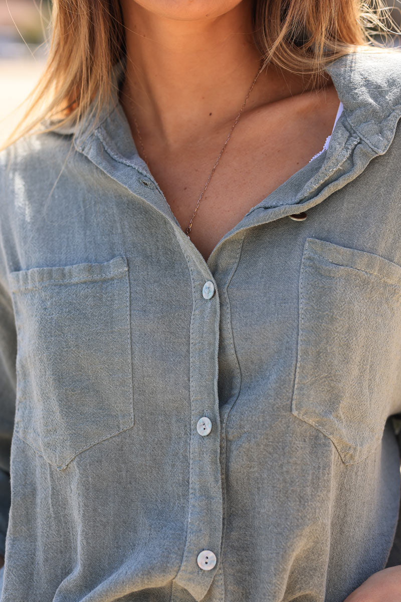 Chemise kaki souple en coton manches 3/4 et grandes poches