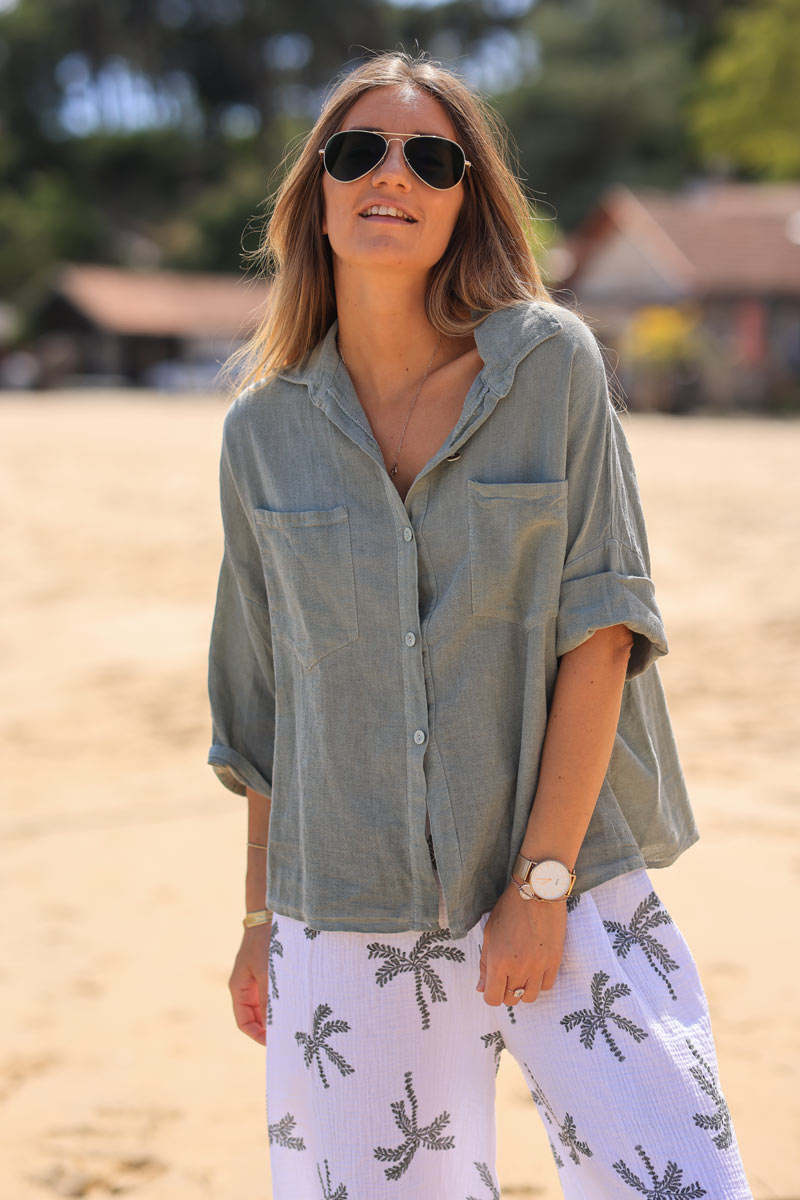 Chemise kaki souple en coton manches 3/4 et grandes poches