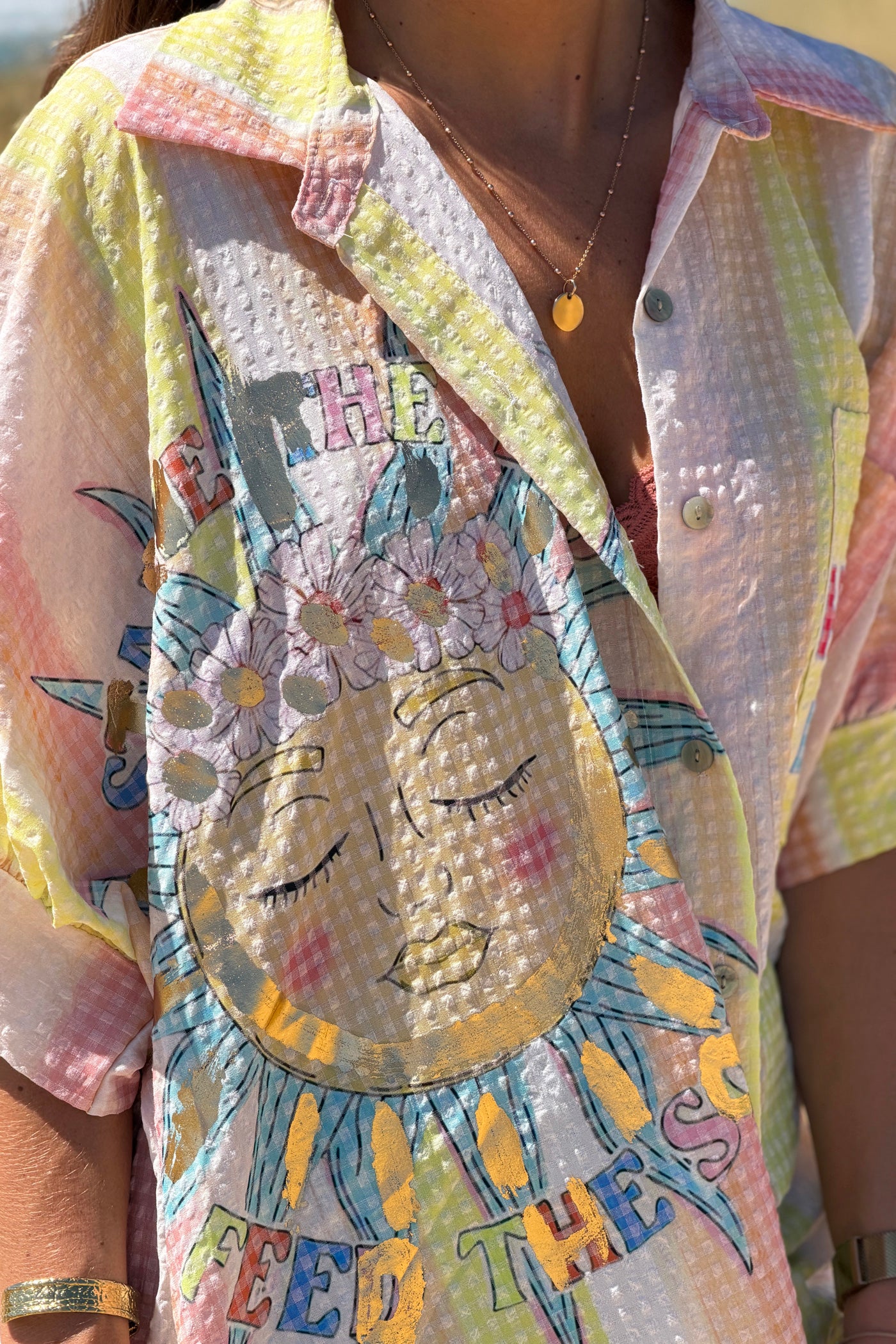 Chemise large à manches courtes en seersucker jaune motif soleil Happy Days