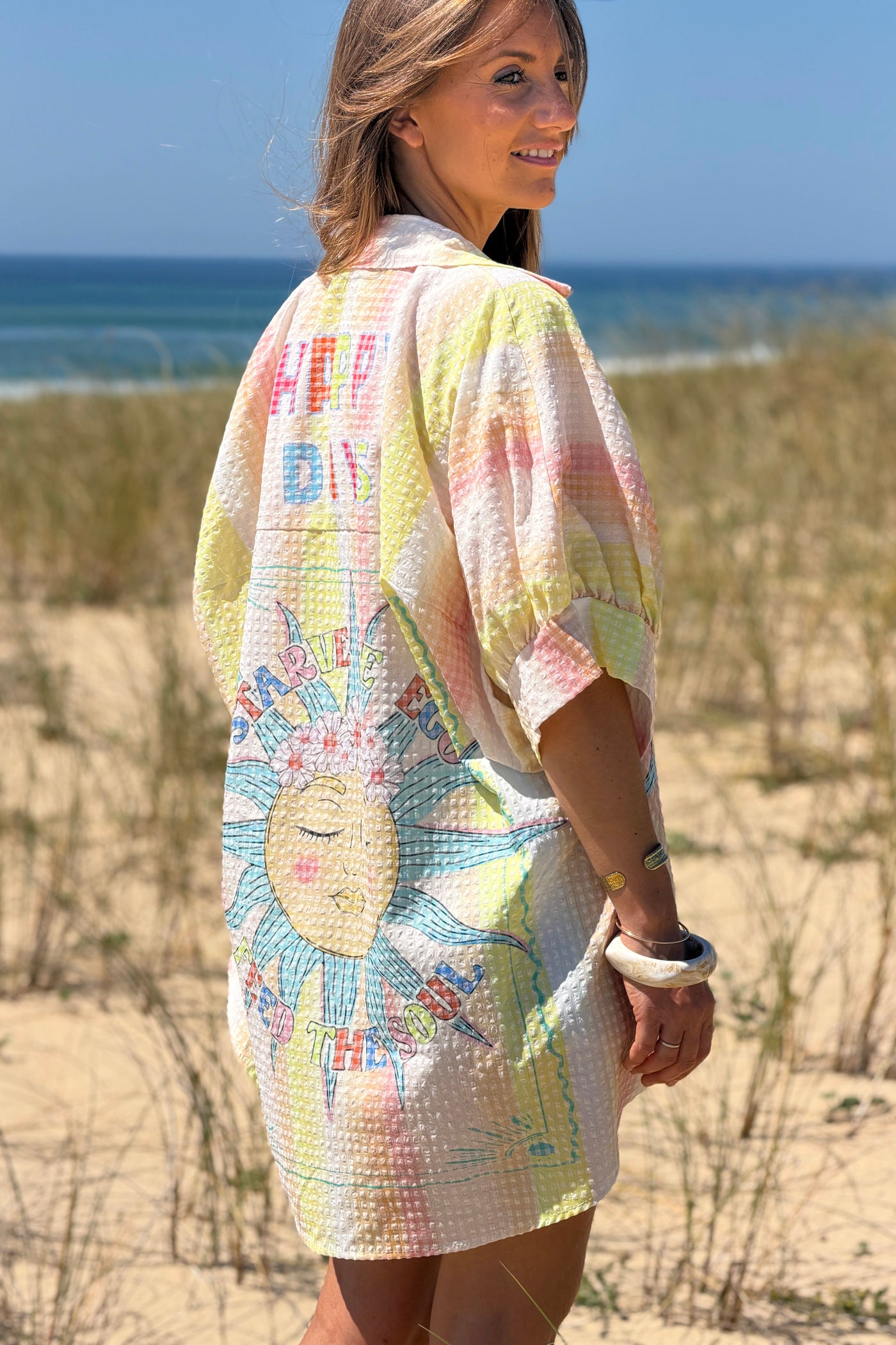 Chemise large à manches courtes en seersucker jaune motif soleil Happy Days
