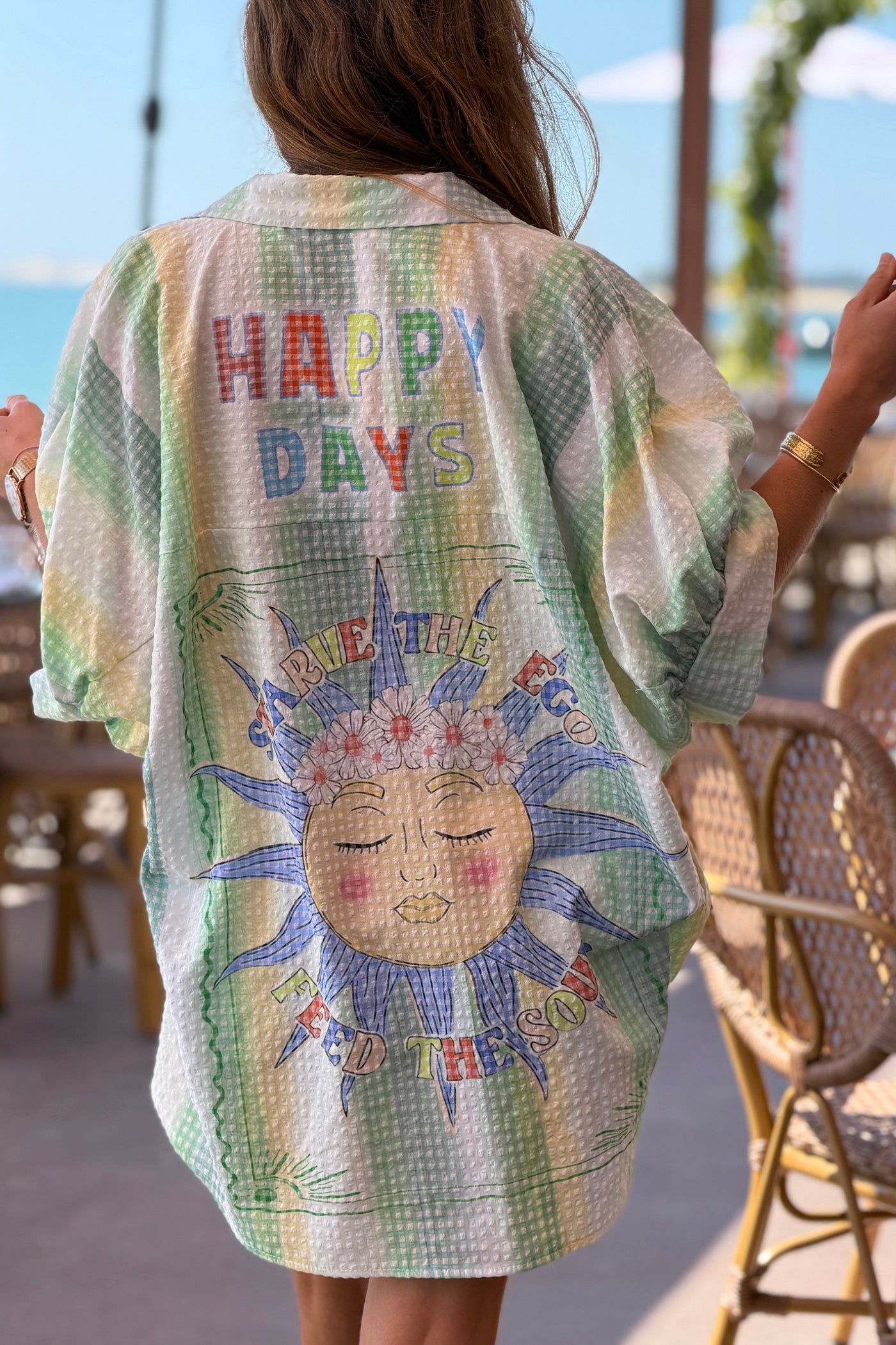 Chemise large à manches courtes en seersucker vert motif soleil Happy Days