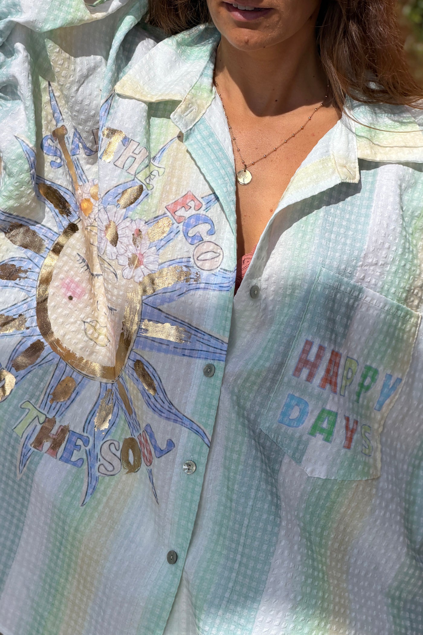 Chemise large à manches courtes en seersucker vert motif soleil Happy Days