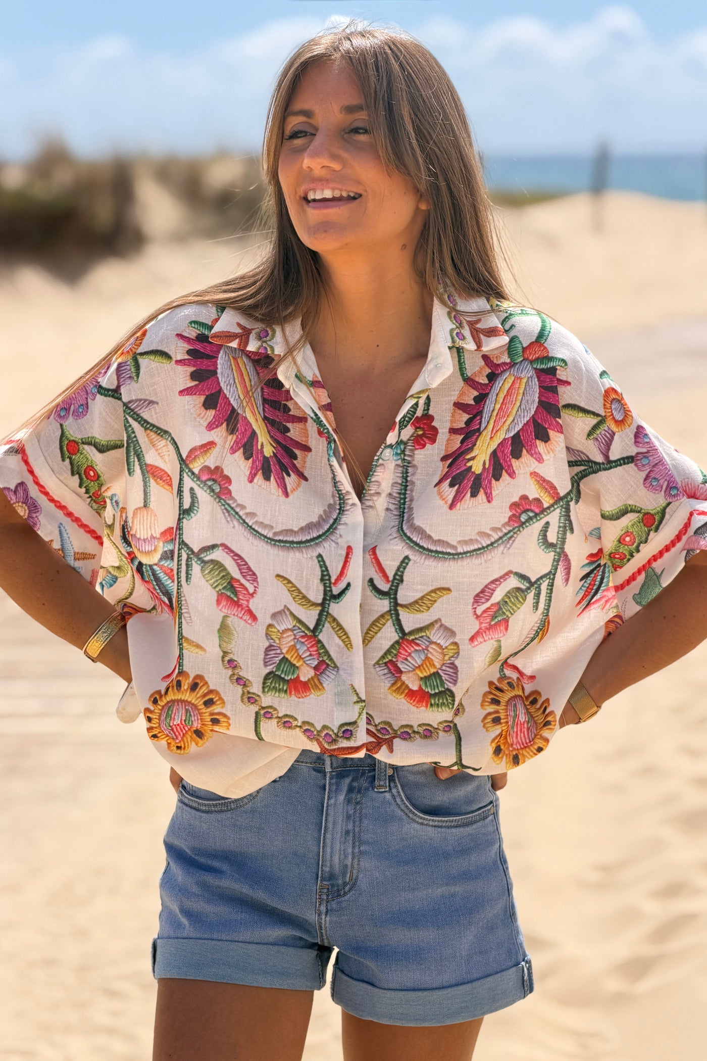 Beige Embroidered Folk Garden Button-Down Blouse