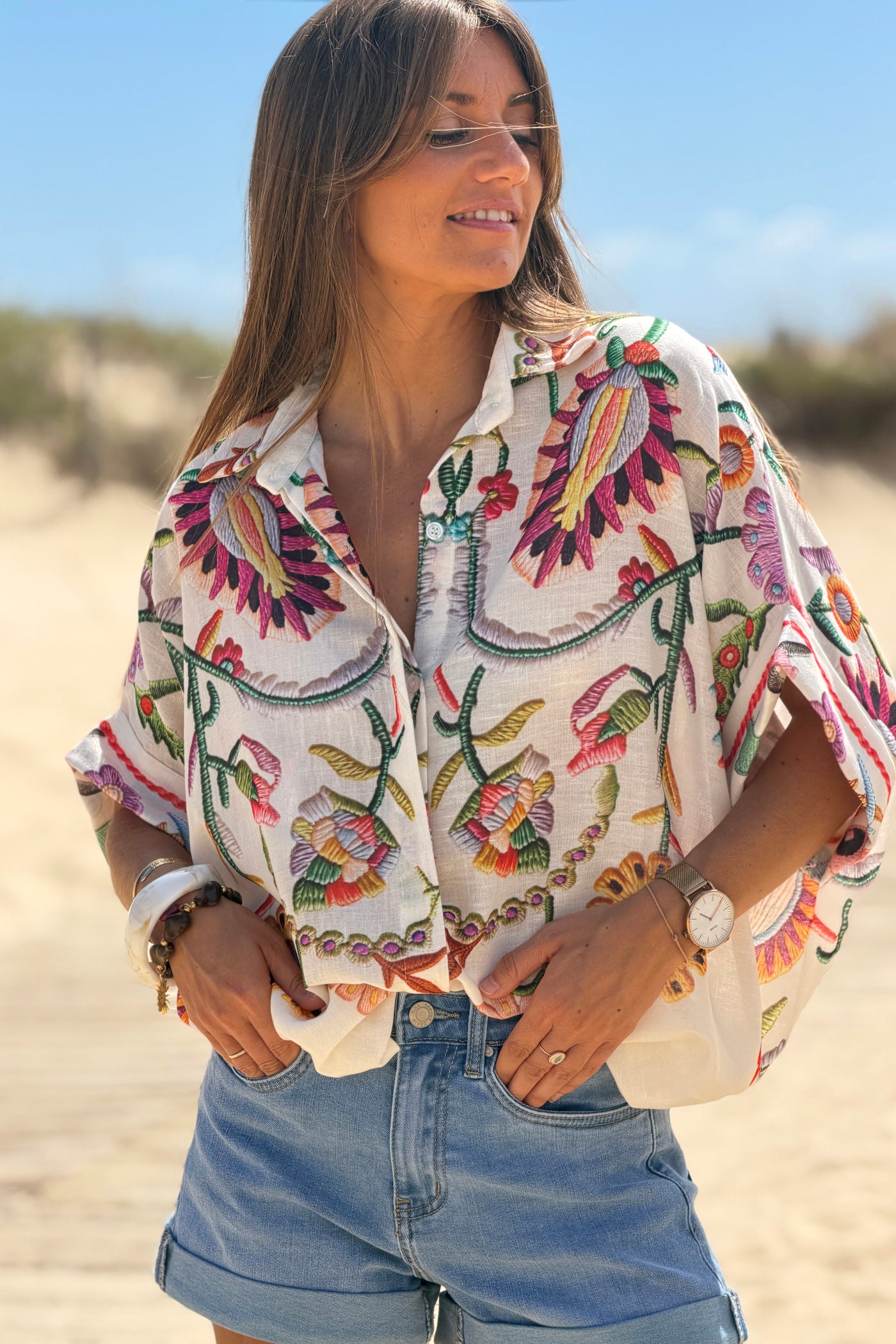 Beige Embroidered Folk Garden Button-Down Blouse