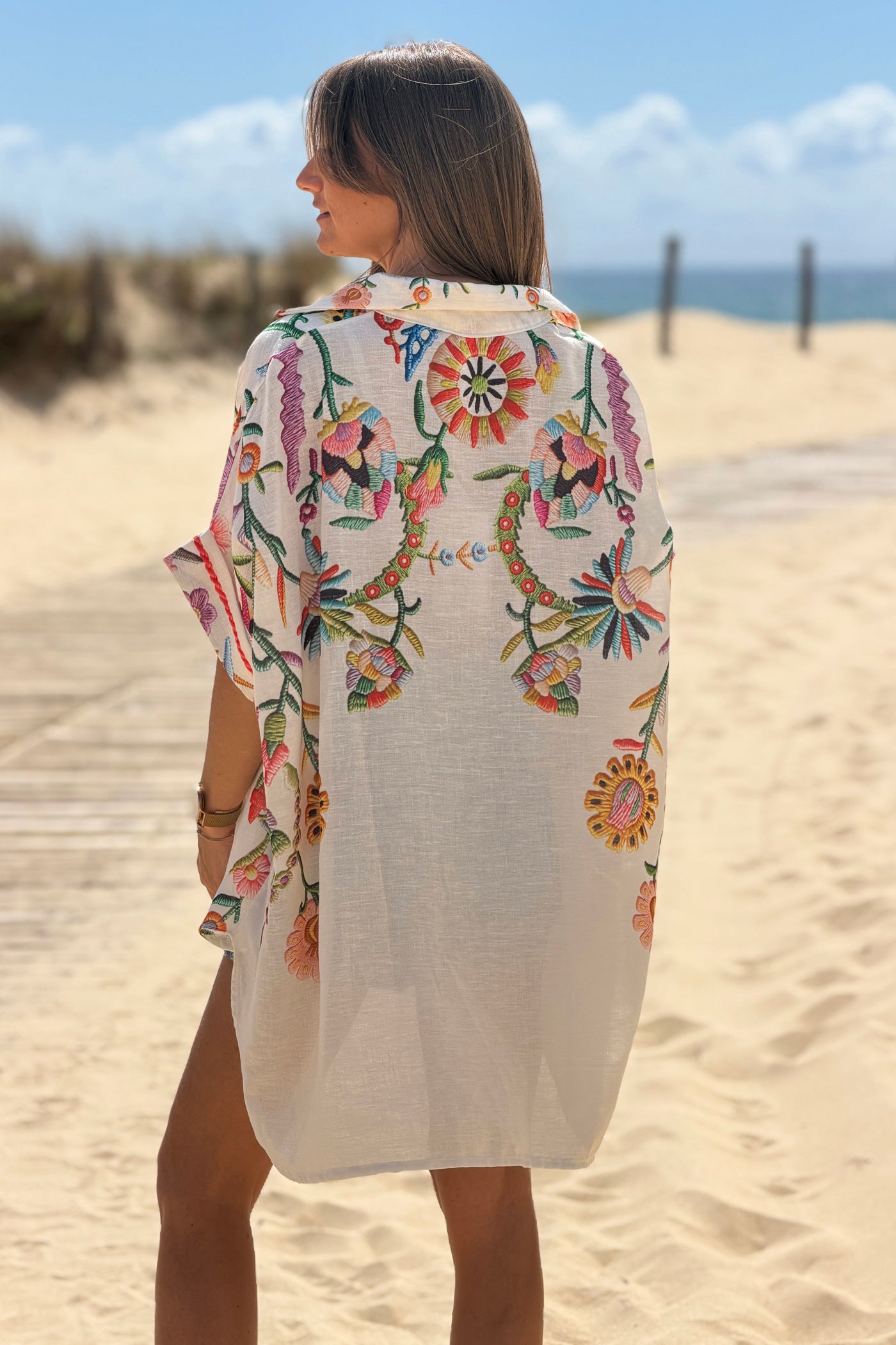 Beige Embroidered Folk Garden Button-Down Blouse