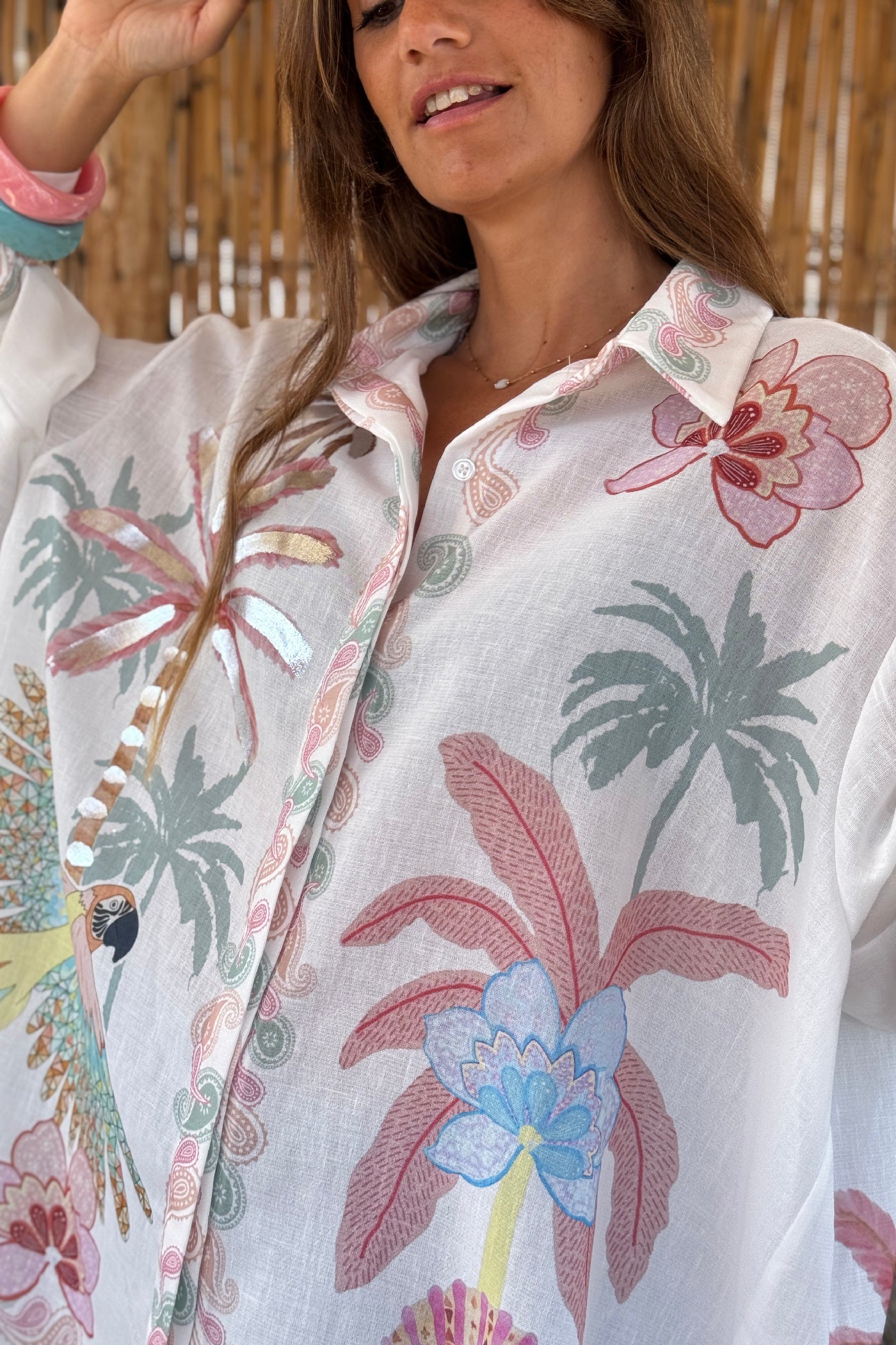 White Linen Tropical Dreams Button-Down Blouse