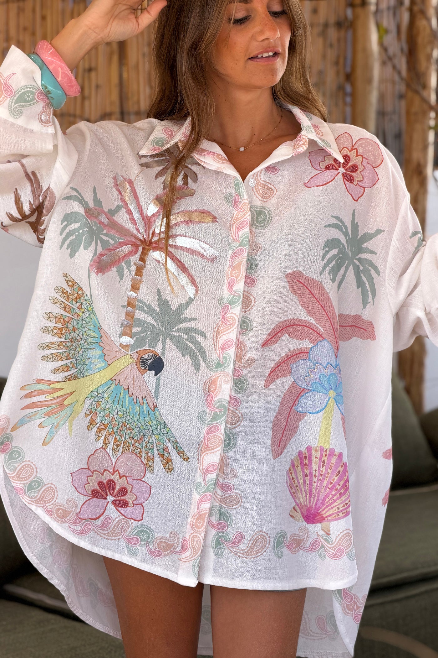 White Linen Tropical Dreams Button-Down Blouse