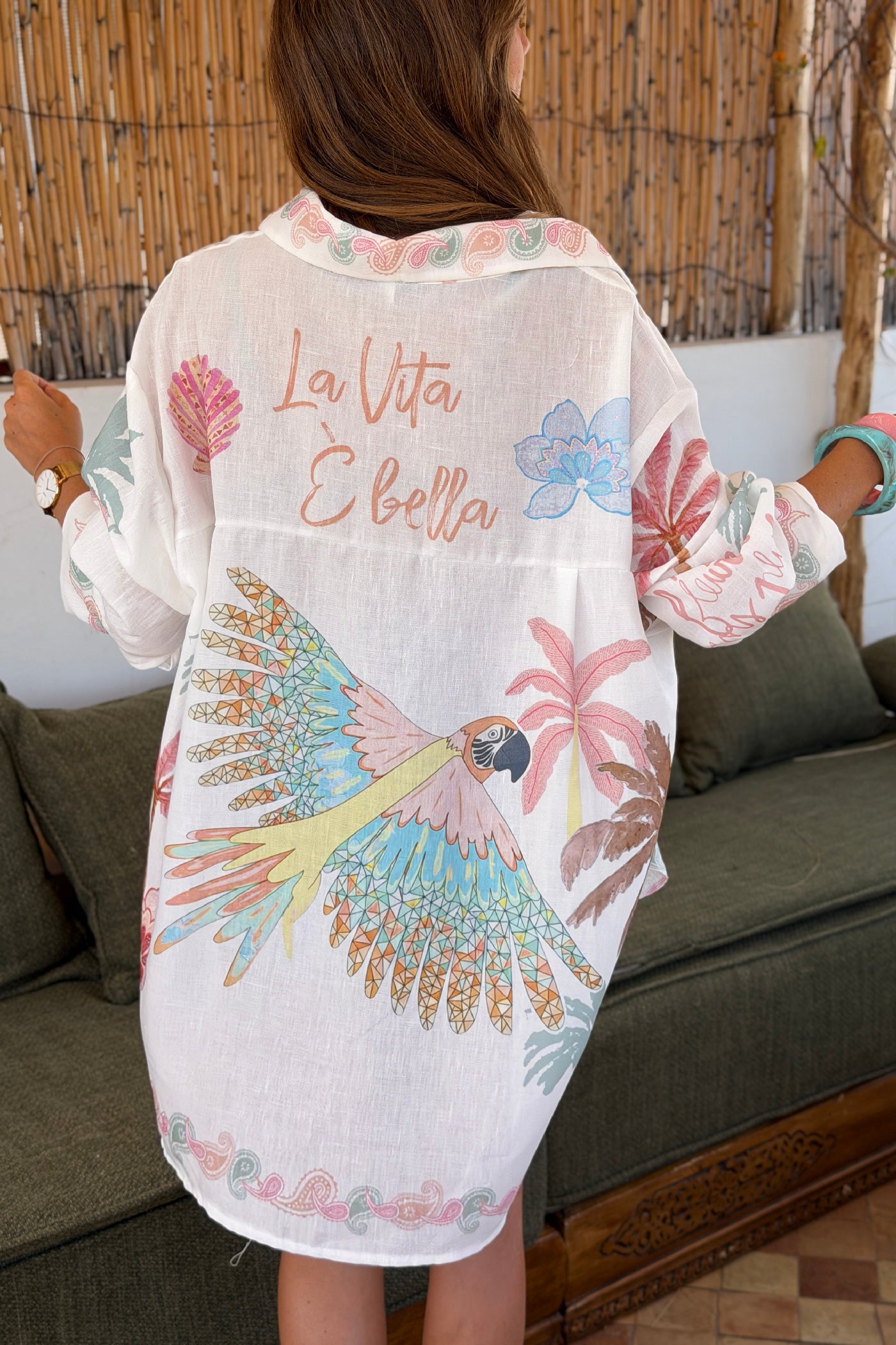 White Linen Tropical Dreams Button-Down Blouse