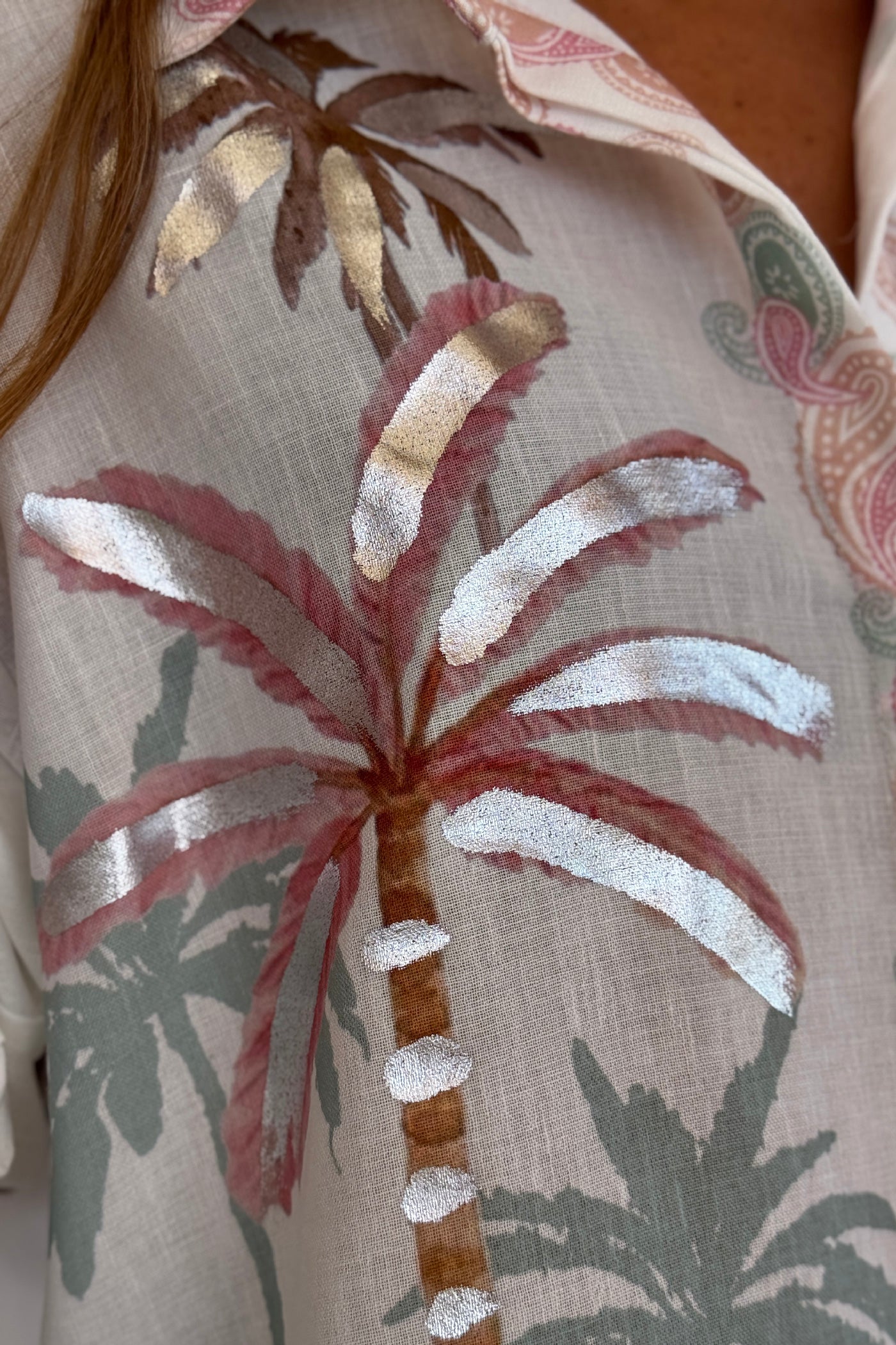 White Linen Tropical Dreams Button-Down Blouse