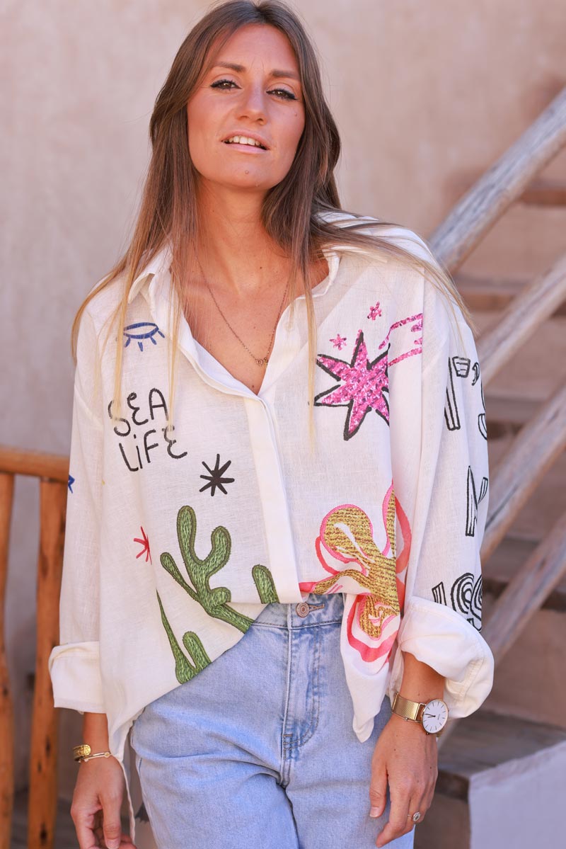 Cream Sea Life Abstract Button-Down Blouse