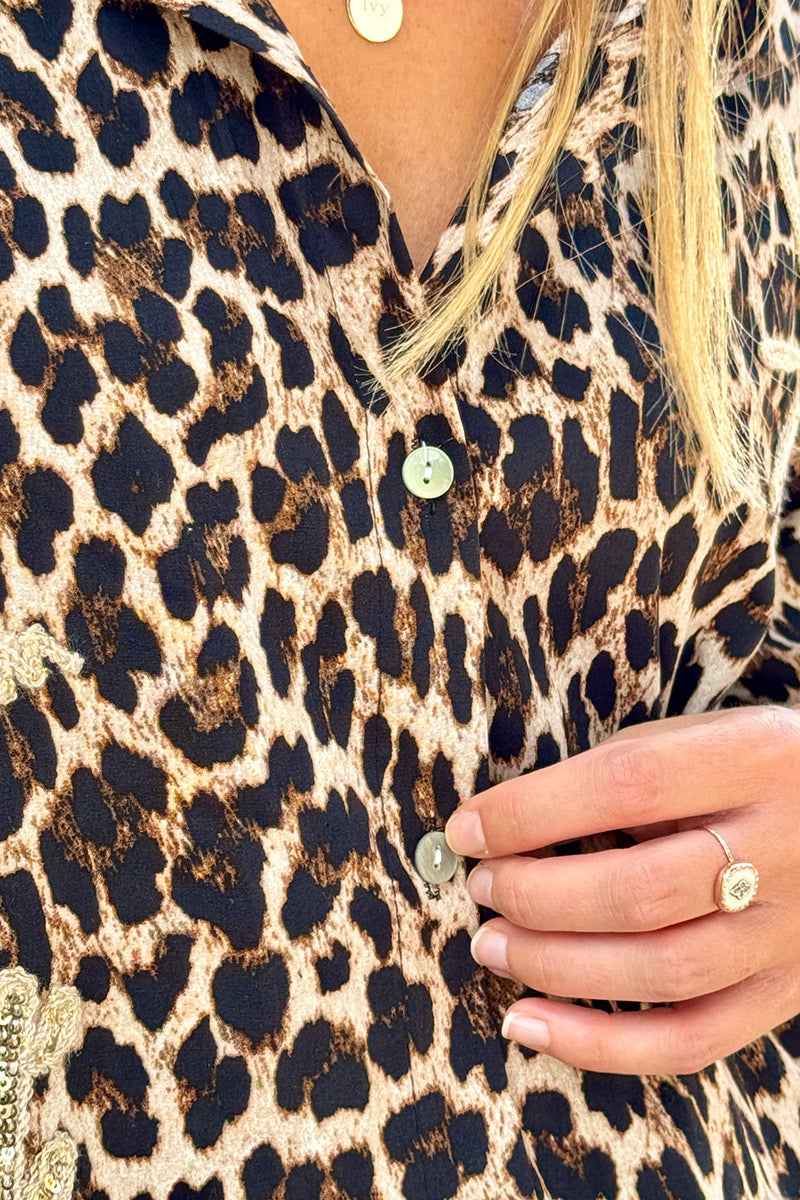 Leopard Print Embroidered Golden Summer Blouse