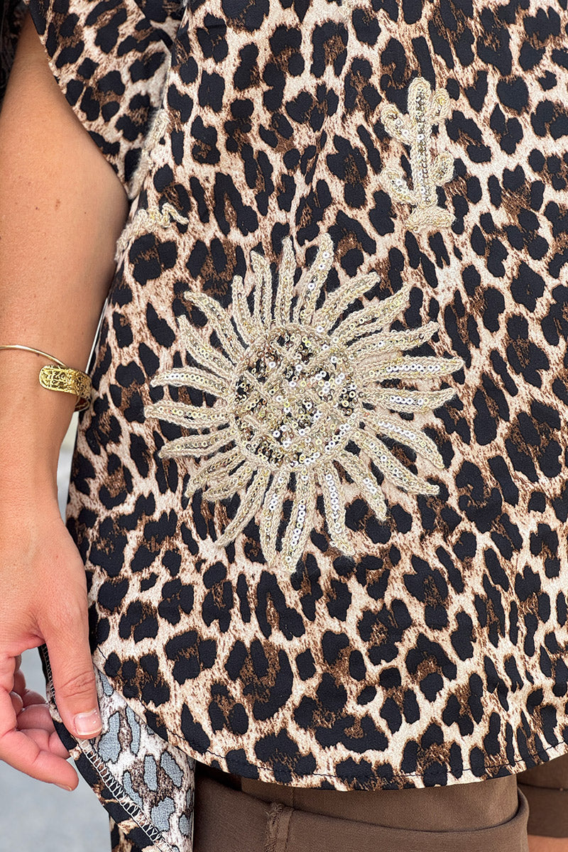 Leopard Print Embroidered Golden Summer Blouse
