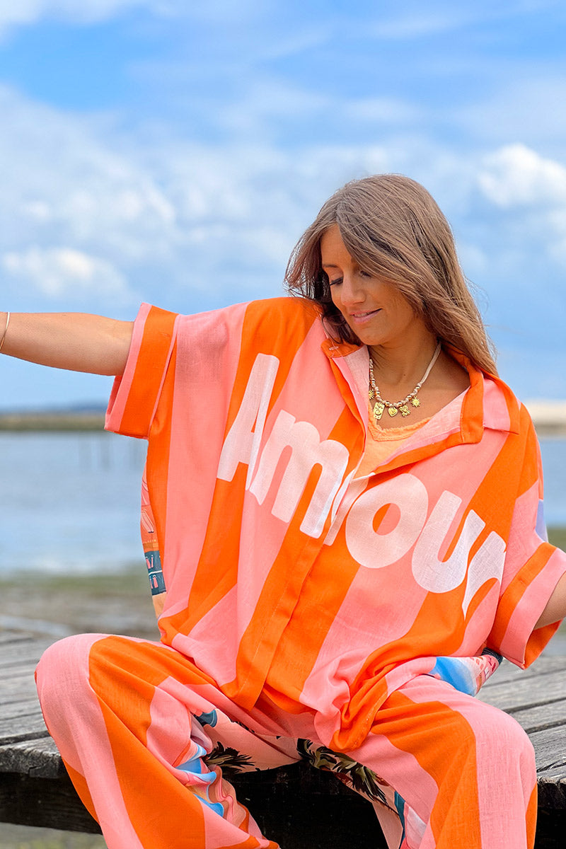 Chemise large en lin mélangé imprimé Vacances d'été rayures oranges Amour